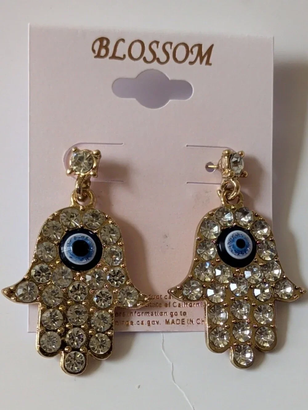 Gold Hamsa Evil Eye Crystal Drop Earrings - Gold NWT